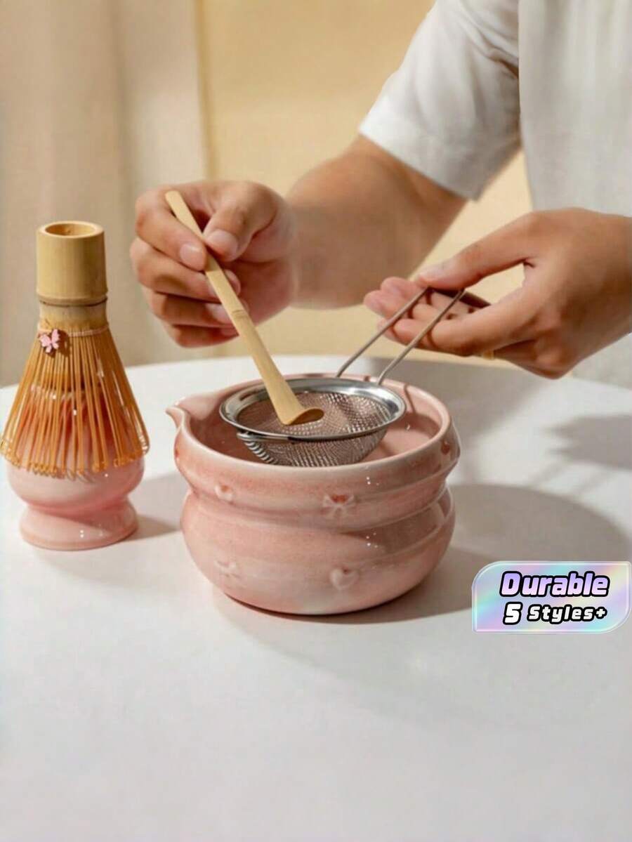 Gradient Bow Matcha Set Japanese Ceramic Tea Bowl With Spout Bamboo Tea Whisk And Sieve 5-Piece Complete Gift Box Afternoon Tea Gift Tea Set - Multicolor - View 1