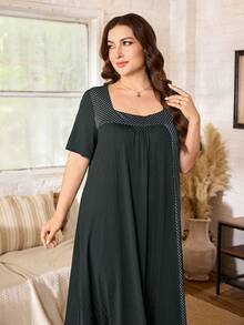 Lacomfia Women's Square Neck Short Sleeve Polka Dot Patchwork Pleated Loose Casual Comfortable Daily Versatile Minimalist Plus Size Dress - Grey - View 3