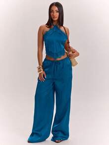 SHEIN BAE Conjunto de top halter sin espalda con patchwork de encaje y pantalones - Agua verde azul - Ver 4
