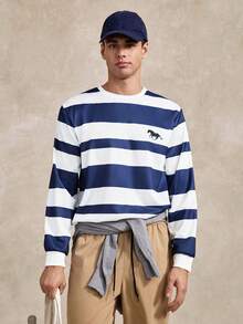 Men's Simple Blue And White Striped Pattern Pullover Sweatshirt, Suitable For Autumn/Winter Striped Long Sleeve - White - View 5