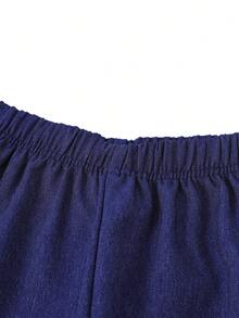SHEIN 少女純色彈性腰工裝口袋百褶寬腿長褲 - 藍色 - 查看 10