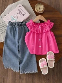SHEIN Elladie kids 2件組女童休閒時尚荷葉邊蕾絲圓領無袖寬鬆刺繡花卉背心上衣 + 牛仔喇叭褲刺繡百搭套裝，適合度假旅行日常穿著，夏季款 - 玫紅色 - 查看 3