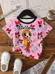 THE POWERPUFF GIRLS X SHEIN 青少年女孩字母卡通印花圓領短袖休閒T恤 - 白色 - 查看 7
