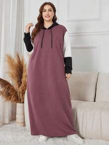 Lacomfia Autumn/Winter Elegant Casual Colorblock Patchwork Drawstring Ribbed Knit Texture Hooded Collar Loose Fit Plus Size Women's Sweatshirt Dress - Multicolor - View 6