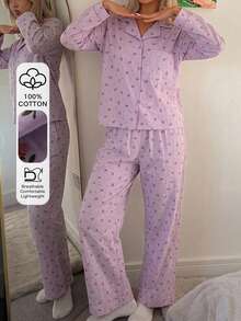 DAZY Women's Ditsy Floral Short Top & Long Pants 2 Pieces Pajama Set, Summer Autumn Winter - Mauve Purple - View 3