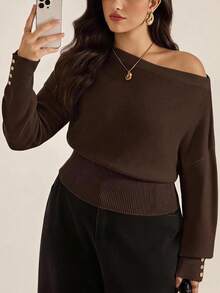 SHEIN Clasi Plus Size Women's Pullover Sweater Winter Elegant Asymmetrical Shoulder Cinched Cinched Waist Metal Button Decor - Coffee Brown - View 9