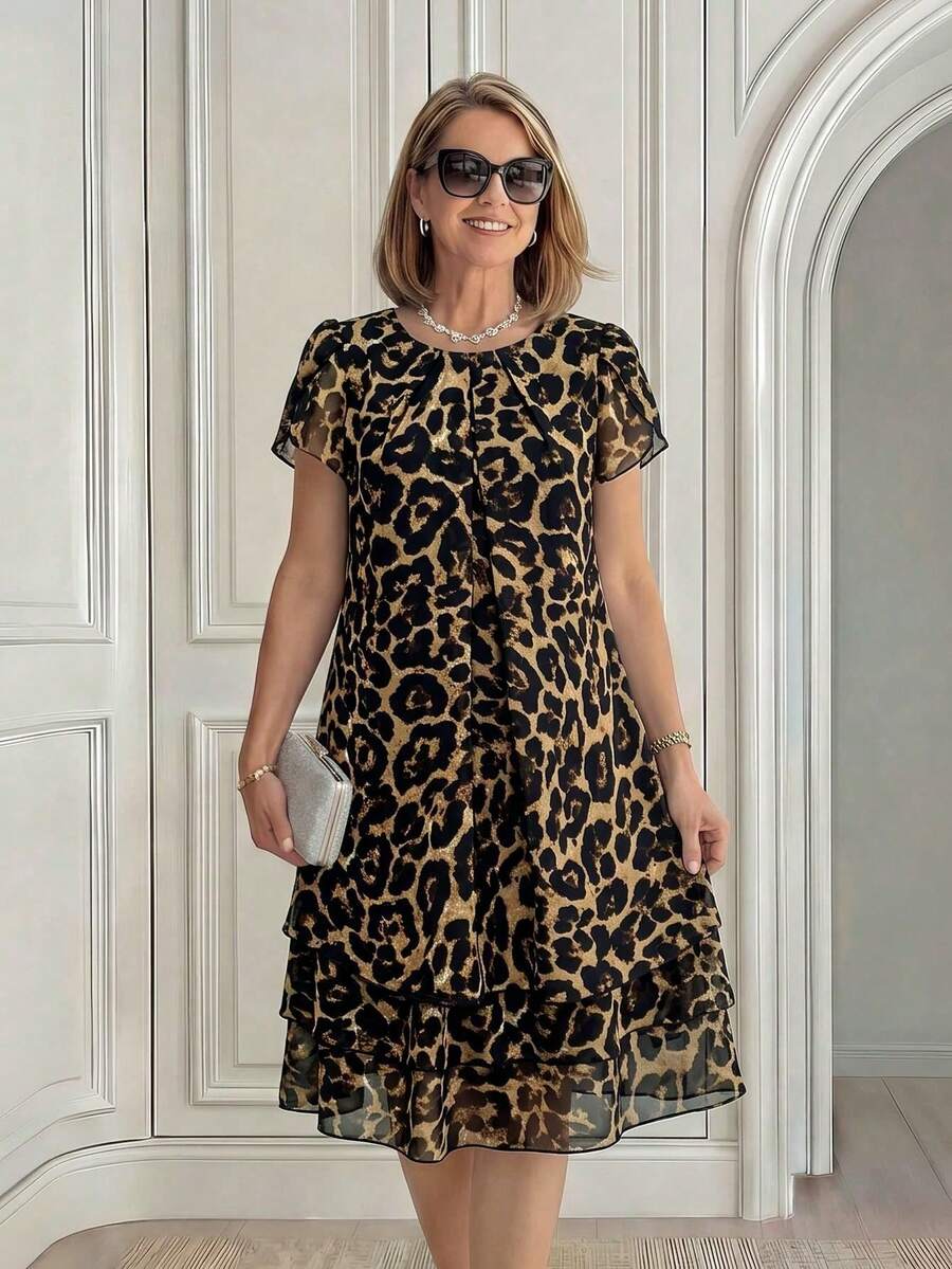 EMERY ROSE Leopard Print Casual Daily Summer Travel Dress For Middle-Aged And Elderly Women - Brown - View 1