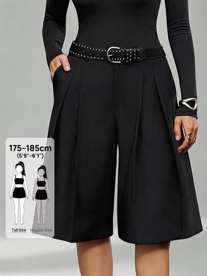 SHEIN Tall Calça Casual Feminina de Cor Sólida Plissada Perna Larga Cropped