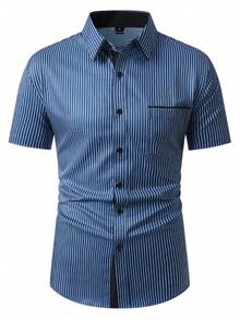 Calvornis Men's Business Striped Pocket Single-Breasted Short Sleeve Shirt - Multicolor - View 3