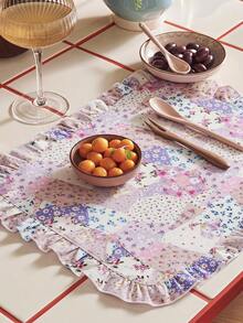 SHEIN Patchwork Floral Long Table Runner, Ruffled Edge Fresh Natural Pastoral Style Table Mat, Kitchen & Dining Room Decor, 2 Colors Available (Purple & Blue Patchwork Floral) - Purple/blue spliced flower - View 8