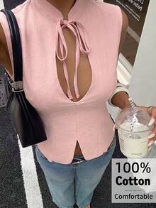 Aloruh 女款春夏純色立領鏤空胸口綁帶露背收腰綁帶白色無袖襯衫，適合通勤、辦公、日常、街頭、休閒 - 藕粉色 - 查看 9