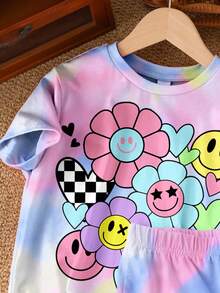 SHEIN Leap Crew 2 件扎染脸花、心、豹纹休闲少女短袖上衣和短裤套装，适合夏季、海边、复古风格、休闲度假风格、可爱的 Y2K 椰子女孩波西米亚音乐节、夏季 - 彩色 - 查看 4