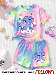 SHEIN Leap Crew 卡哇伊卡通蓝兔露露与史迪奇图案，清新扎染，少女休闲极简短袖短裤两件套，适合夏季、返校季、度假风、阳光之旅、休闲春装、夏日度假、家庭时光、可爱的Y2K椰子女孩波西米亚风春假、早午餐宝宝蓝女孩之旅、霓虹海滩风情、波西米亚嬉皮音乐节 - 彩色 - 查看 2