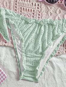 Vivid Eden Set Pakaian Renang Bikini Seksi Wanita Musim Panas untuk Pantai, Warna Polos, dengan Hiasan Ruffle dan Tali Leher. - Hijau - View 5