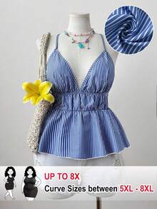 SHEIN CURVE+ Camiseta de tirantes con volantes y rayas para mujer de talla grande, para verano - Azul - Ver 1