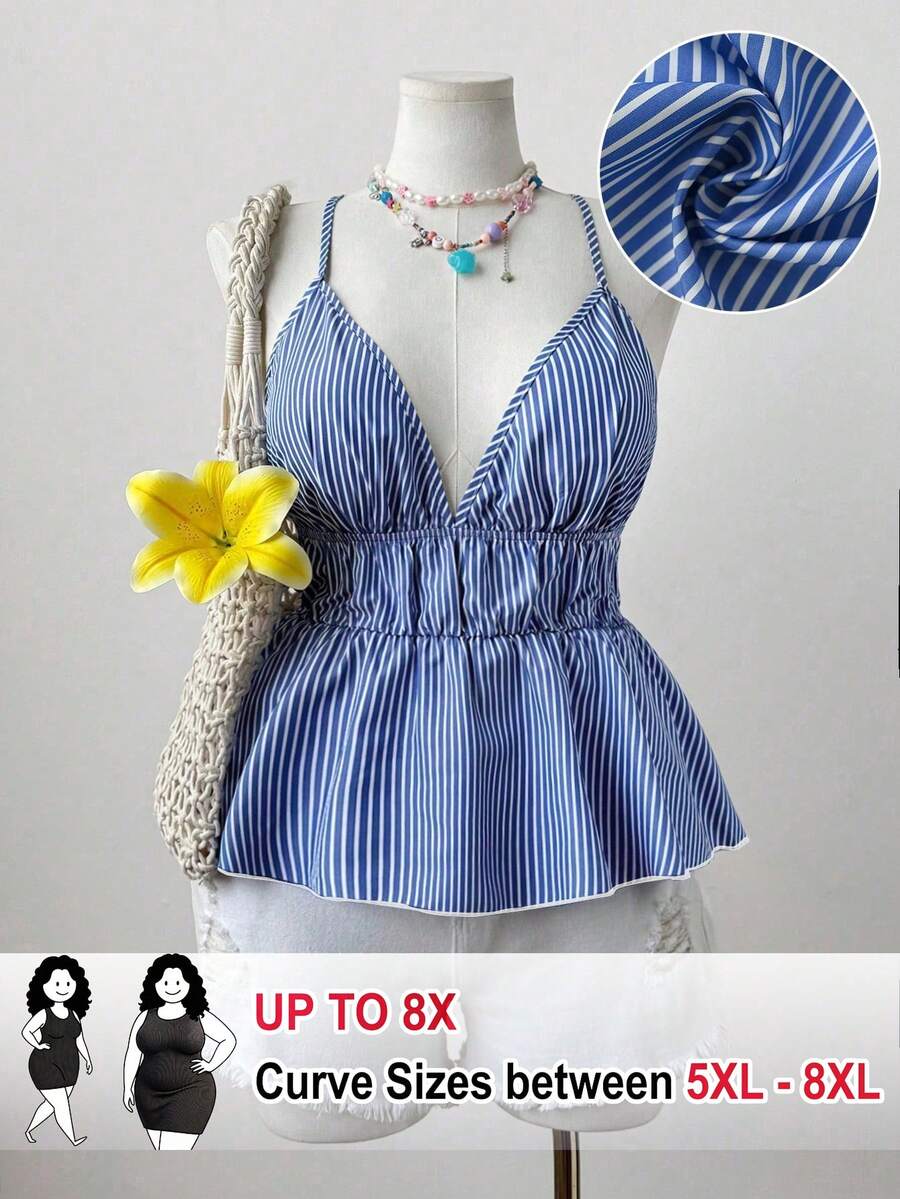 SHEIN CURVE+ Camiseta de tirantes con volantes y rayas para mujer de talla grande, para verano - Azul - Ver 1