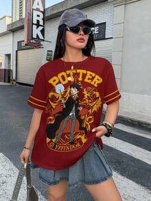 HARRY POTTER X SHEIN 大尺碼夏季休閒卡通印花T恤 - 白色 - 查看 5