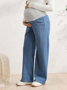 SHEIN Adjustable Waist Casual Daily Straight Leg Denim Jeans For Pregnant Women - Medium Wash - View 4
