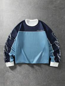 ROMWE MEN Street Life Men's Letter Pattern Crew Neck Casual Daily Long Sleeve T-Shirt - Blue - View 1