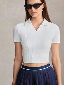 Activina Women's Solid Color Short Sleeve Casual Fitness Sports Polo Shirt - White - View 4