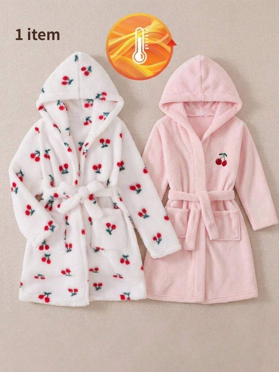 Tween Mädchen Pyjama Weißer Grund mit rotem Kirschmuster, Langarm Kapuzen-Bademantel, warm und bequem, lässige Hauskleidung, INS Hot Style süßes Kirschdesign, geeignet für Schwestern-Matching - Babypink - Übersicht 1
