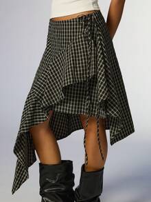 COUREZ Asymmetric Check Midi Skirt / Y2K Cute Skirts For Women Flowy Skirts Autumn Winter Outfits Fall Bottoms For Women Fall Clothes Autumn Outfits - Black - View 7