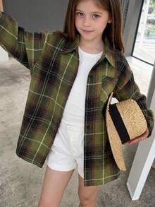 DAZY Tween Girls Loose Plaid Long Sleeve Casual Autumn Outerwear Lapel Collar Shirt - Army Green - View 2