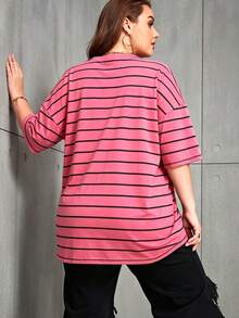 Camiseta de cuello redondo holgada con bloques de color para tallas grandes - Blanco - Ver 2