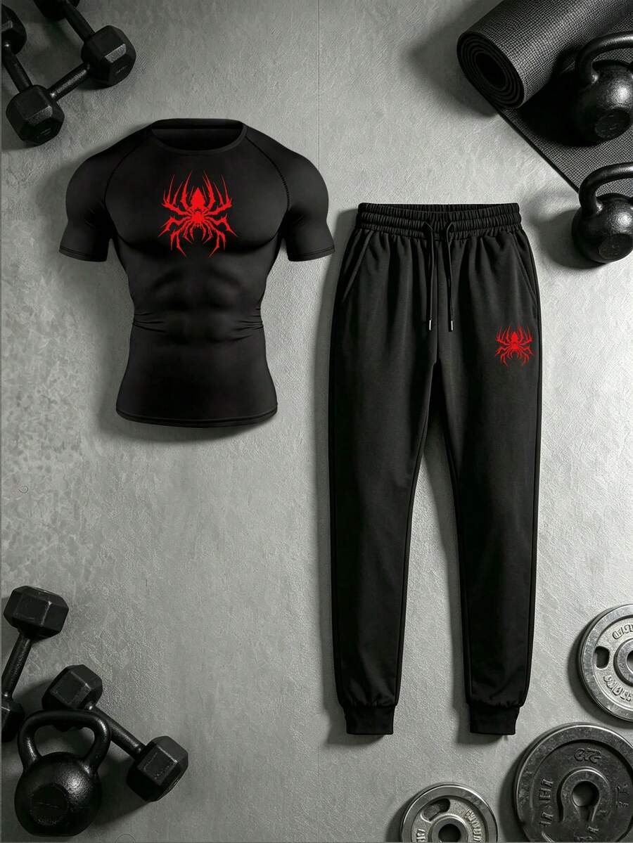 Gym Rark 男士蜘蛛印花插肩袖短袖T恤與長褲運動套裝 - 黑色 - 查看 1