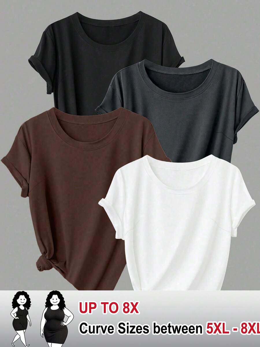 SHEIN CURVE+ Set de 4 camisetas básicas de manga corta holgadas para mujer de talla grande - Multicolor - Ver 1