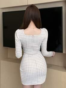 DAZY Slim-Fit Plaid Puff Sleeve Mini Sweetheart Neck Party Dress For Women,Fall Dress Long Sleeve Dress - White - View 4