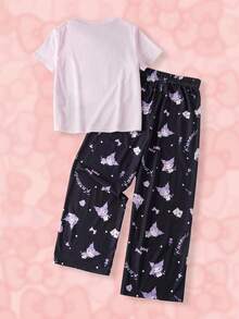 HELLO KITTY AND FRIENDS | SHEIN Tween Girl Cartoon Print Short Sleeve Top & Long Pants Loungewear - Purple - View 2