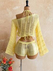 Soleia Women's Plus Size Solid Color Asymmetric Shoulder Long Sleeve Top And Shorts Knit Set Fall - Light Yellow - View 2