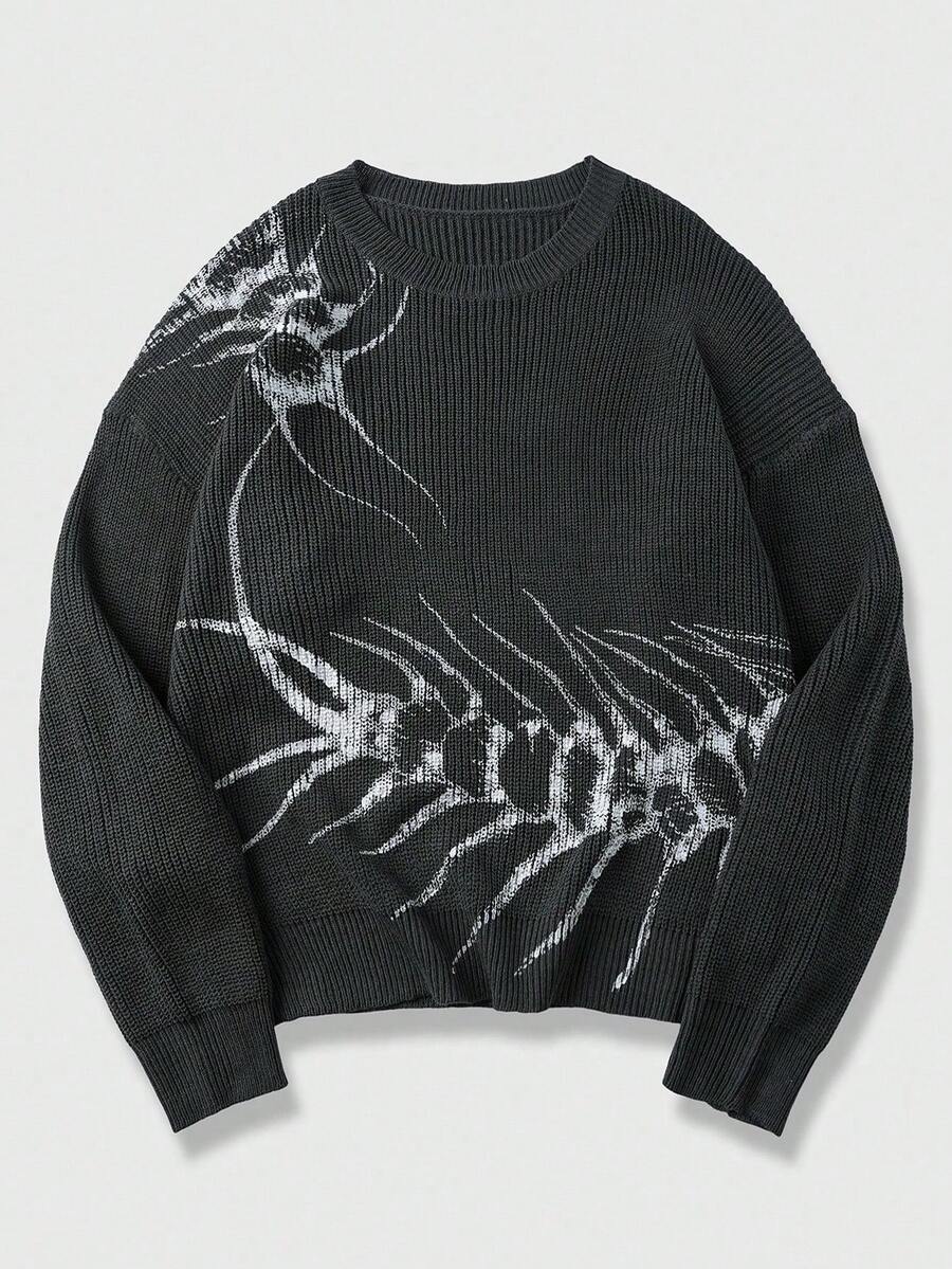 ROMWE MEN Men's Plus Size Centipede Pattern Long Sleeve Knit Sweater - Black - View 1