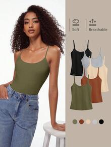 SHEIN BASICS 1件女款純色修身休閒細肩帶背心上衣 白色上衣 - 軍綠色 - 查看 1