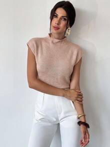 Firerie Elegant High Neck Loose Casual Versatile Sleeveless Knit Sweater - Dusty Pink - View 5