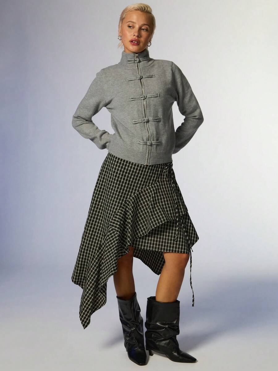 COUREZ Asymmetric Check Midi Skirt / Y2K Cute Skirts For Women Flowy Skirts Autumn Winter Outfits Fall Bottoms For Women Fall Clothes Autumn Outfits - Black - View 1