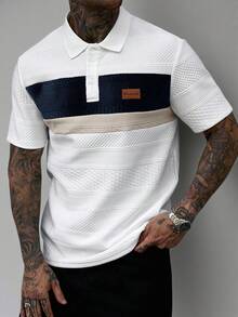 Manfinity Homme 男士夏季休閒拼色拼接短袖 Polo 衫 - 白色 - 查看 6