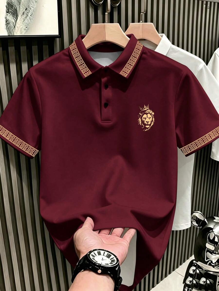 Manfinity Hypemode 男士經典時尚休閒黑色 Polo 衫,皇冠獅子印花,短袖 - 彩色 - 查看 1