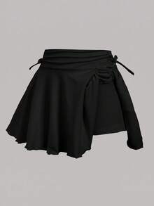SHEIN 青少年女孩純色百褶休閒百搭日常裙褲 - 黑色 - 查看 4