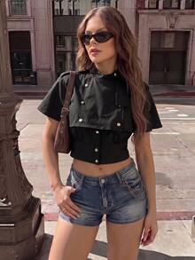 SHEIN ICON 女款純色鉚釘裝飾時尚百搭風衣外套 - 黑色 - 查看 9