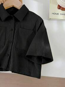 SHEIN LMoss Kids LMoss 女童編織素色寬鬆短版休閒襯衫 - 黑色 - 查看 6