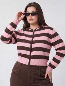 Solavibe Plus Size Light Pink Zip‑Up Hooded Knit Cardigan, Campus Daily Wear, Autumn, Back To School Formal Date Night Going Out Y2k 90s 1960s - Pink - View 4