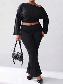 Solavibe Curve Off Shoulder Crop Top Fold Waist Flared Trousers Two Piece Outfit,Plus Size Two Piece Set, Curve Co Ord Set,Back To School,Going Out Outfit Fall - Black - View 7
