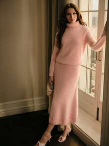 MOTF PREMIUM WOMEN SOLID FLUFFY KNIT SWEATER & FAUX PEARLS MERMAID SKIRT SET - Pink - View 7