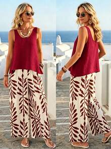EMERY ROSE Women's Vacation Casual Solid Color Tank Top And Floral Print Pants 2-Piece Set - Red - View 4
