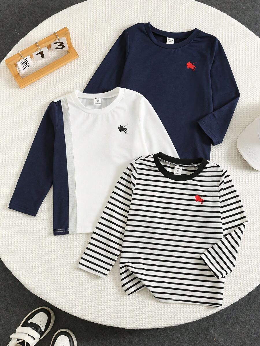 SHEIN 3件組男童休閒學院風純色拼接圓領長袖T恤多件裝,舒適百搭,適合外出與居家穿著,四季皆宜 - 彩色 - 查看 1