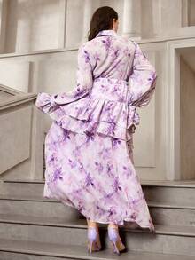 VOLUPTÉ CURVE Plus Size Women's Summer Lavender Print A-Line Maxi Skirt, Elegant Ruched Tiered Vacation Skirt High Tea - Beige - View 7