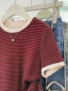 Resyla Women's Crew Neck Short-Sleeve T-Shirt With Color-Block Striped Print Casual Basic Style - Multicolor - View 3