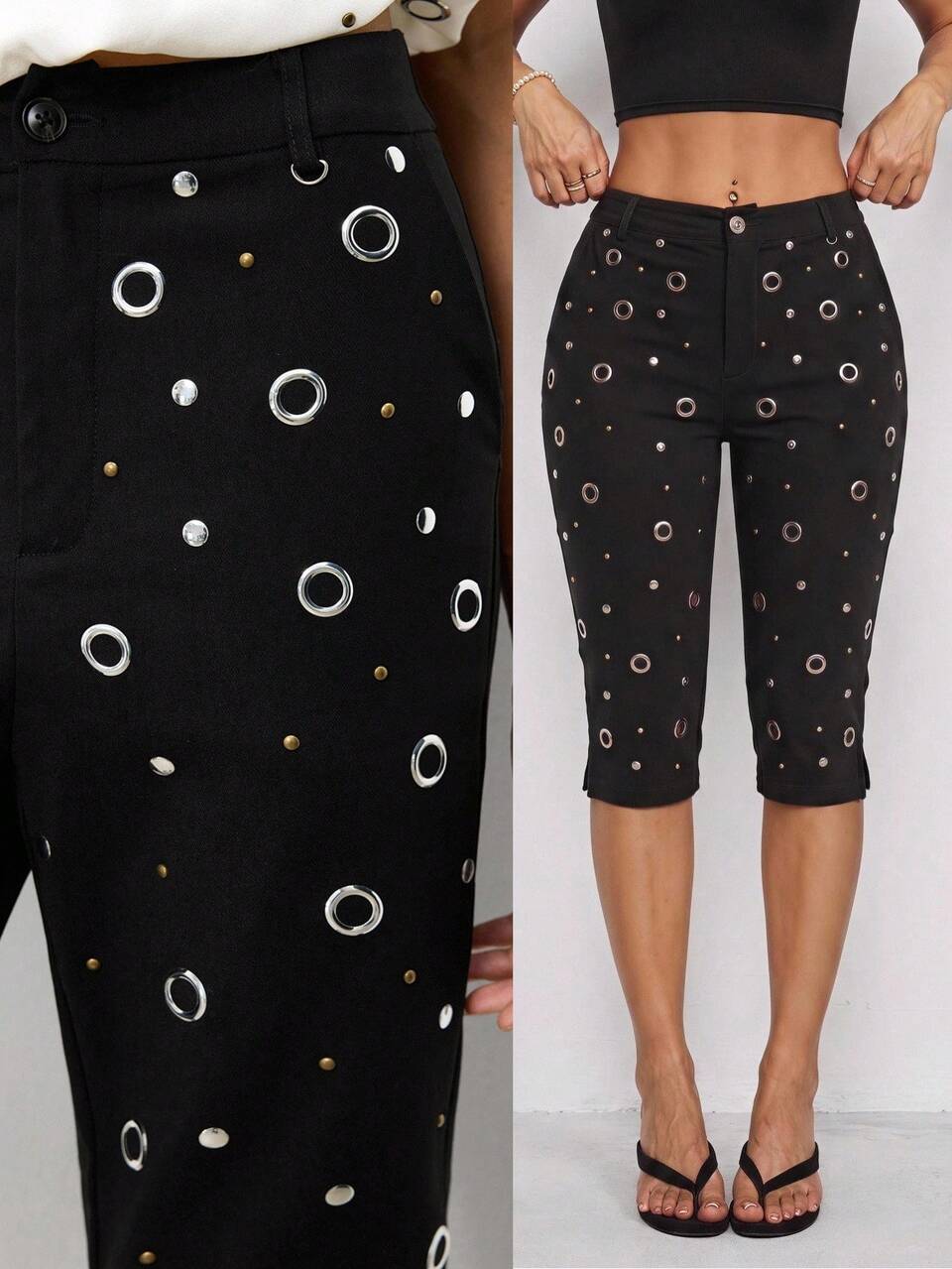 SHEIN Maija Damskie casualowe uniwersalne szorty bermudy do codziennego noszenia z ozdobnymi oczkami i kieszeniami